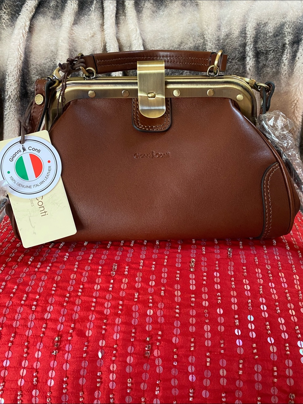Gianni Conti 💯Genuine Italian Leather Logo Bag With Strap NWT